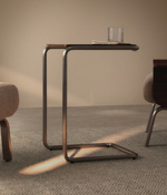 TARSEL side table in walnut veneer with brushed stainless steel structure 42 x 60cm