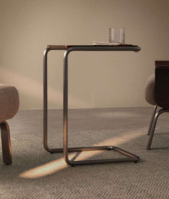 TARSEL side table in walnut veneer with brushed stainless steel structure 42 x 60cm