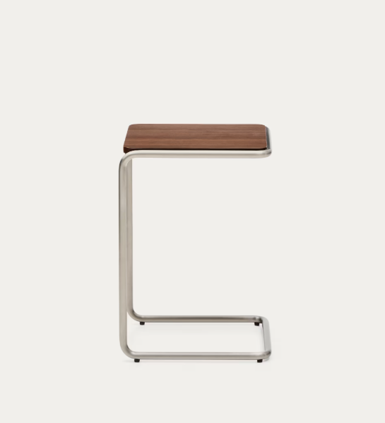 TARSEL side table in walnut veneer with brushed stainless steel structure 42 x 60cm