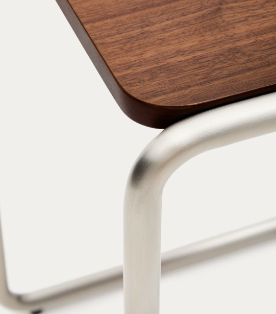 TARSEL side table in walnut veneer with brushed stainless steel structure 42 x 60cm