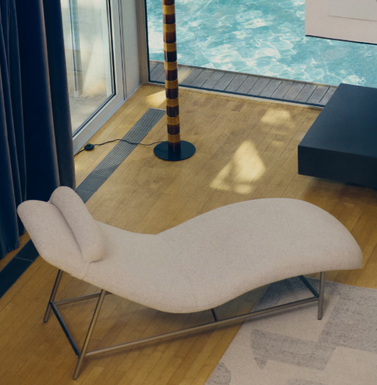 OSLA divan in beige chenille with brushed stainless steel legs 175 cm