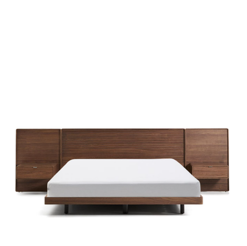 NORLEN bed with 2 bedside tables in walnut veneer with dark finish and LED light
