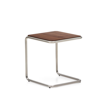 TARSEL side table in walnut veneer with brushed stainless steel structure 42 x 47cm