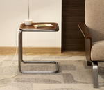 TARSEL side table in walnut veneer with brushed stainless steel structure 42 x 47cm