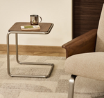TARSEL side table in walnut veneer with brushed stainless steel structure 42 x 47cm