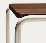 TARSEL side table in walnut veneer with brushed stainless steel structure 42 x 47cm