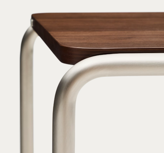 TARSEL side table in walnut veneer with brushed stainless steel structure 42 x 47cm