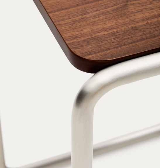 TARSEL side table in walnut veneer with brushed stainless steel structure 42 x 47cm