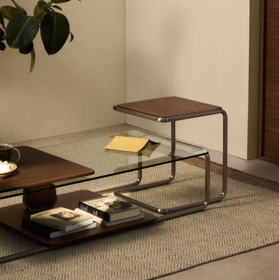 TARSEL side table in walnut veneer with brushed stainless steel structure 42 x 47cm