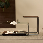 TARSEL side table in walnut veneer with brushed stainless steel structure 42 x 47cm