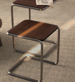 TARSEL side table in walnut veneer with brushed stainless steel structure 42 x 47cm