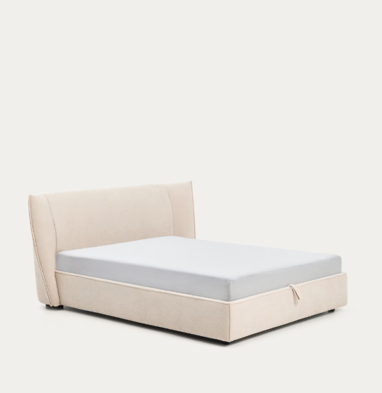 ARVIAN beige chenille removable-cover bed with lift-up storage base