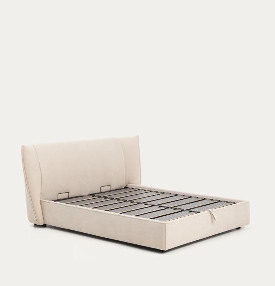 ARVIAN beige chenille removable-cover bed with lift-up storage base