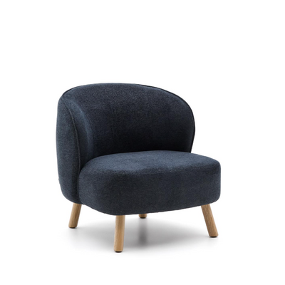 ULIT armchair in blue-grey chenille with solid beech wood legs in a natural finish
