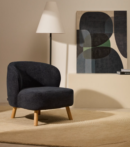 ULIT armchair in blue-grey chenille with solid beech wood legs in a natural finish