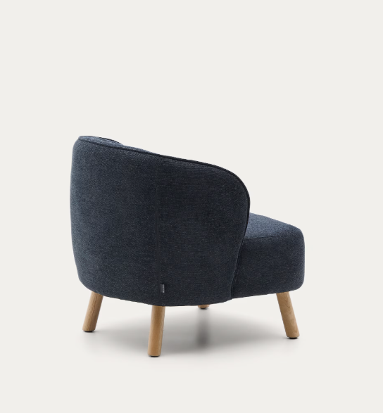 ULIT armchair in blue-grey chenille with solid beech wood legs in a natural finish