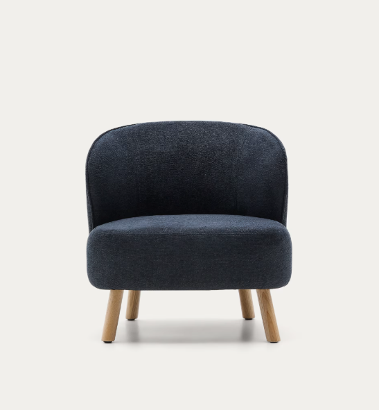 ULIT armchair in blue-grey chenille with solid beech wood legs in a natural finish