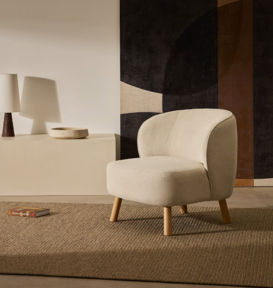 ULIT armchair in beige chenille with solid beech wood legs in a natural finish