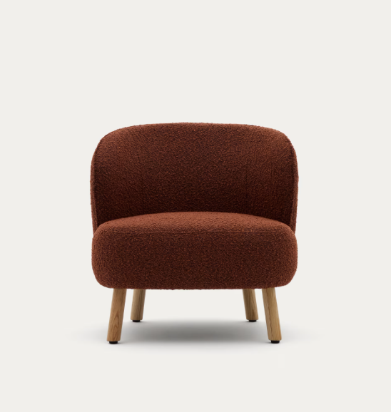 ULIT armchair in terracotta bouclé with solid beech wood legs in a natural finish
