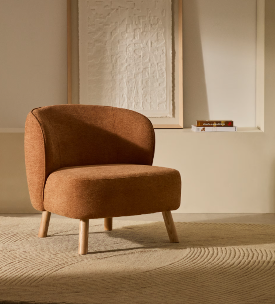 ULIT armchair in terracotta chenille with solid beech wood legs in a natural finish