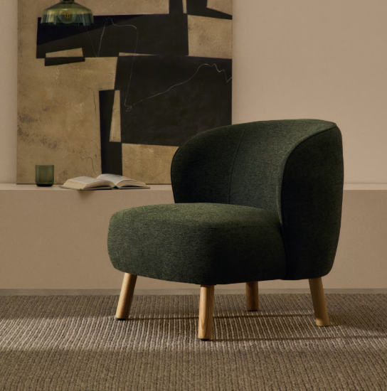ULIT armchair in green chenille with solid beech wood legs in a natural finish