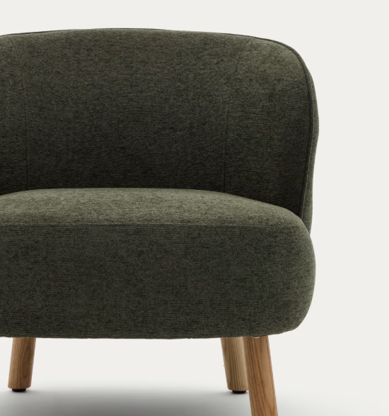 ULIT armchair in green chenille with solid beech wood legs in a natural finish