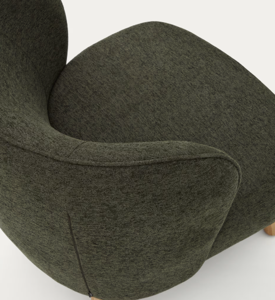 ULIT armchair in green chenille with solid beech wood legs in a natural finish