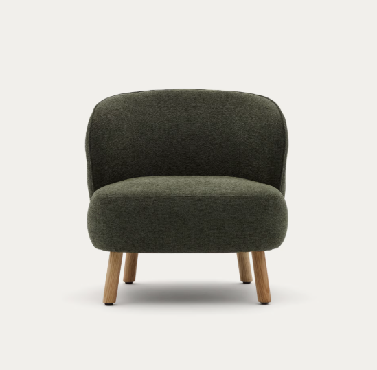 ULIT armchair in green chenille with solid beech wood legs in a natural finish