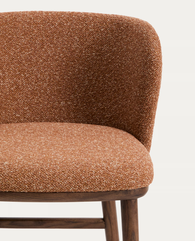 CISELIA Terracotta thick chenille stool with solid ash wood legs with walnut-coloured finish