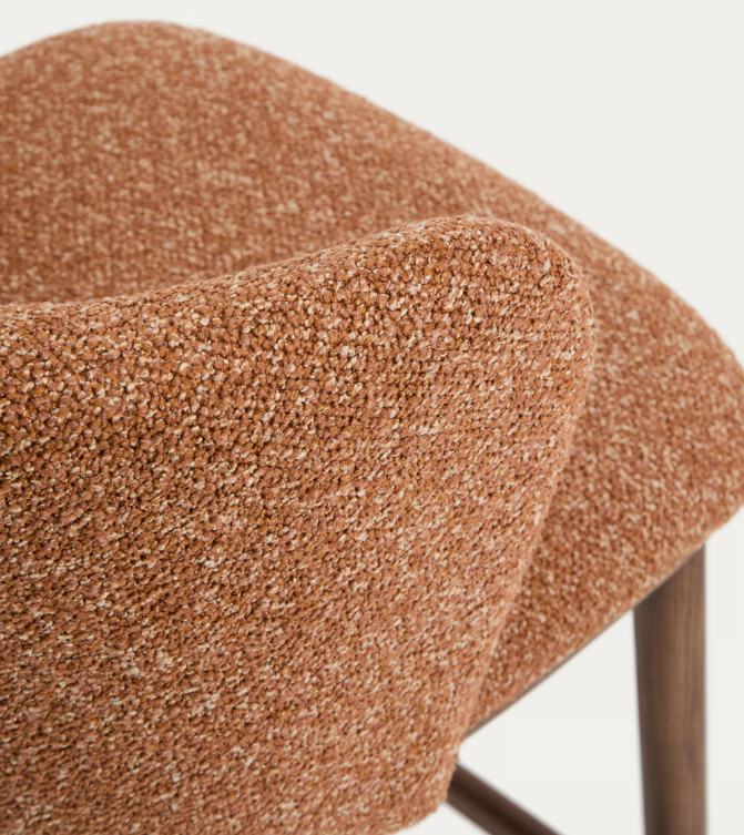 CISELIA Terracotta thick chenille stool with solid ash wood legs with walnut-coloured finish