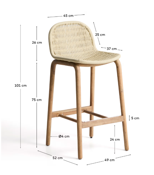 ALIPA stool in FSC 100% solid acacia wood and ecru rope cord 75 cm