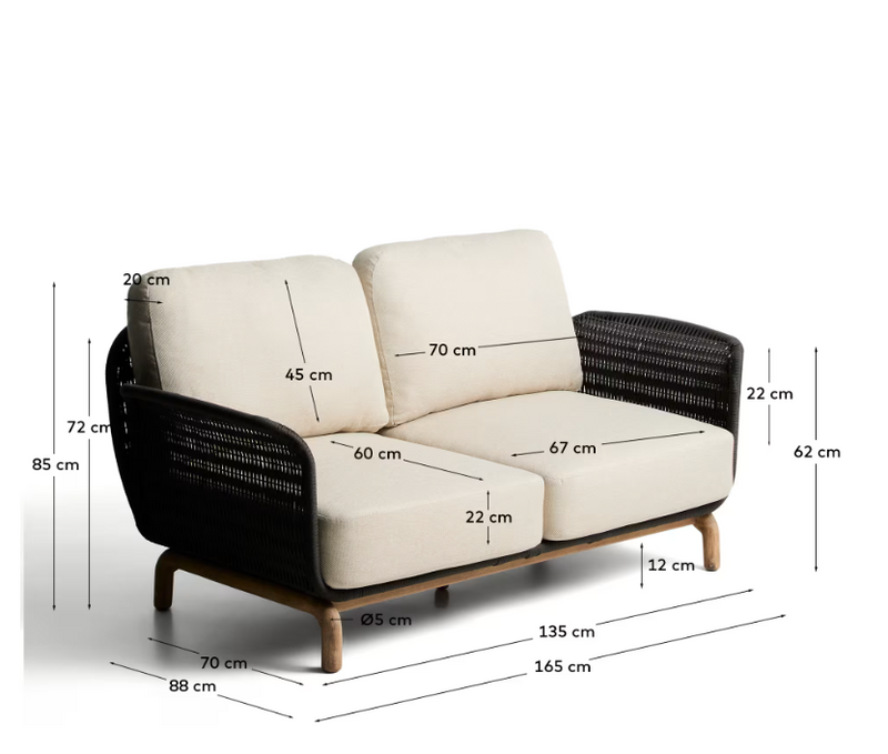 ALIPA 2-seater sofa in solid acacia wood and dark grey rope cord 165 cm