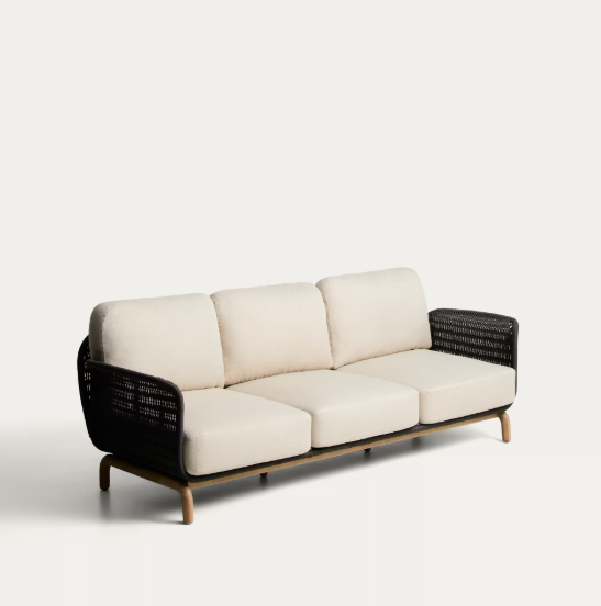 ALIPA 3-seater sofa in solid acacia wood and dark grey rope cord 235 cm