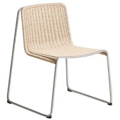 TAVARI Stackable chair in beige synthetic rope cord and brushed-effect stainless steel.