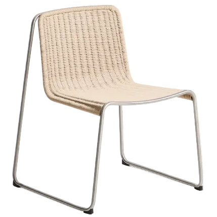 TAVARI Stackable chair in beige synthetic rope cord and brushed-effect stainless steel.