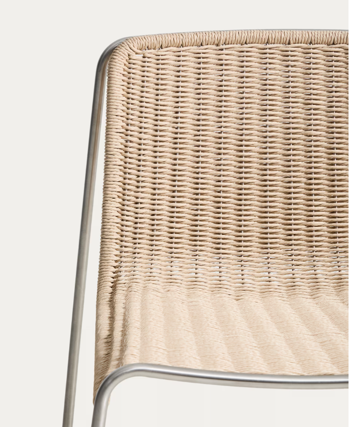 TAVARI Stackable chair in beige synthetic rope cord and brushed-effect stainless steel.