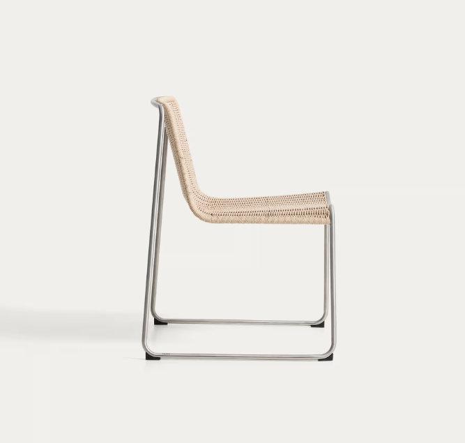 TAVARI Stackable chair in beige synthetic rope cord and brushed-effect stainless steel.