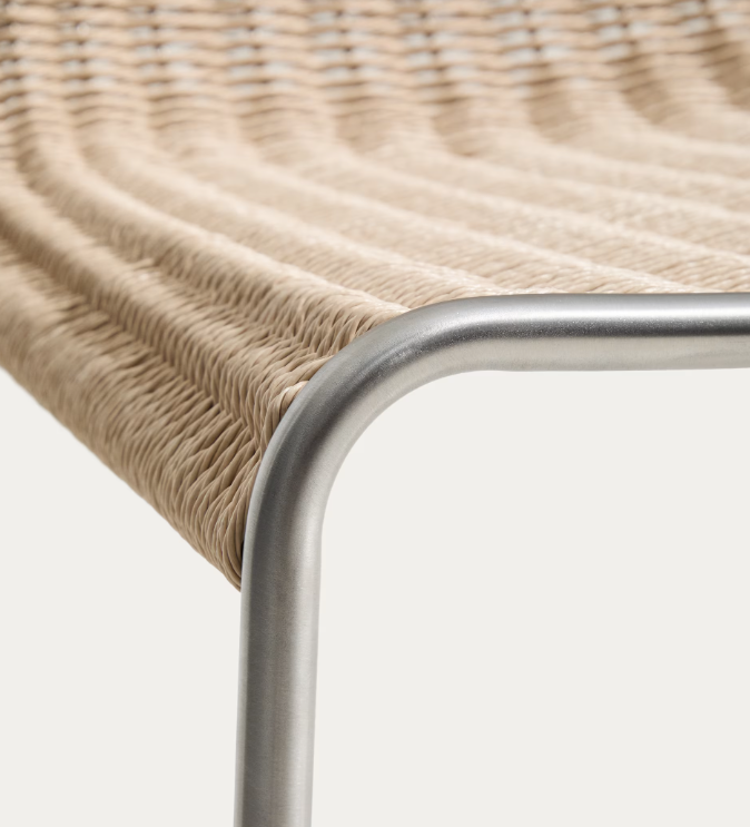 TAVARI Stackable chair in beige synthetic rope cord and brushed-effect stainless steel.