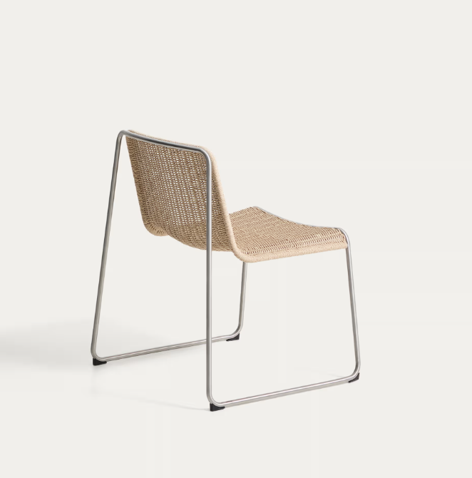 TAVARI Stackable chair in beige synthetic rope cord and brushed-effect stainless steel.