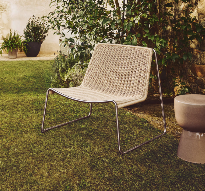 TAVARI Stackable armchair in beige synthetic rope cord and brushed-effect stainless steel