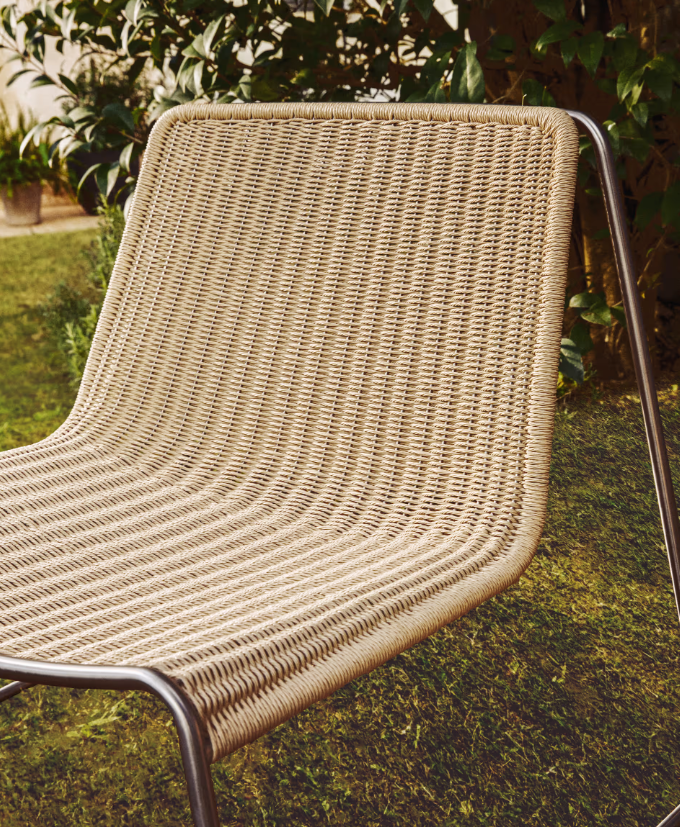 TAVARI Stackable armchair in beige synthetic rope cord and brushed-effect stainless steel