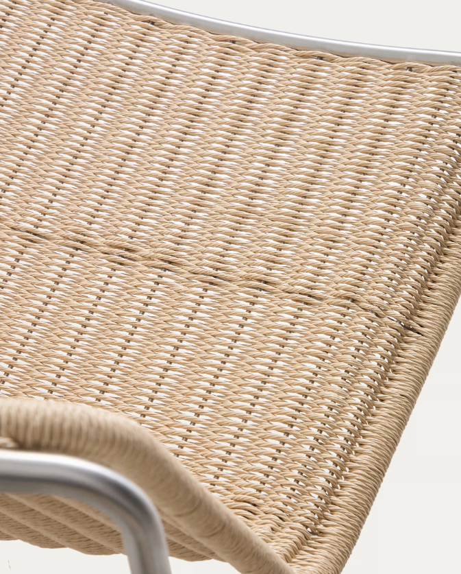 TAVARI Stackable armchair in beige synthetic rope cord and brushed-effect stainless steel