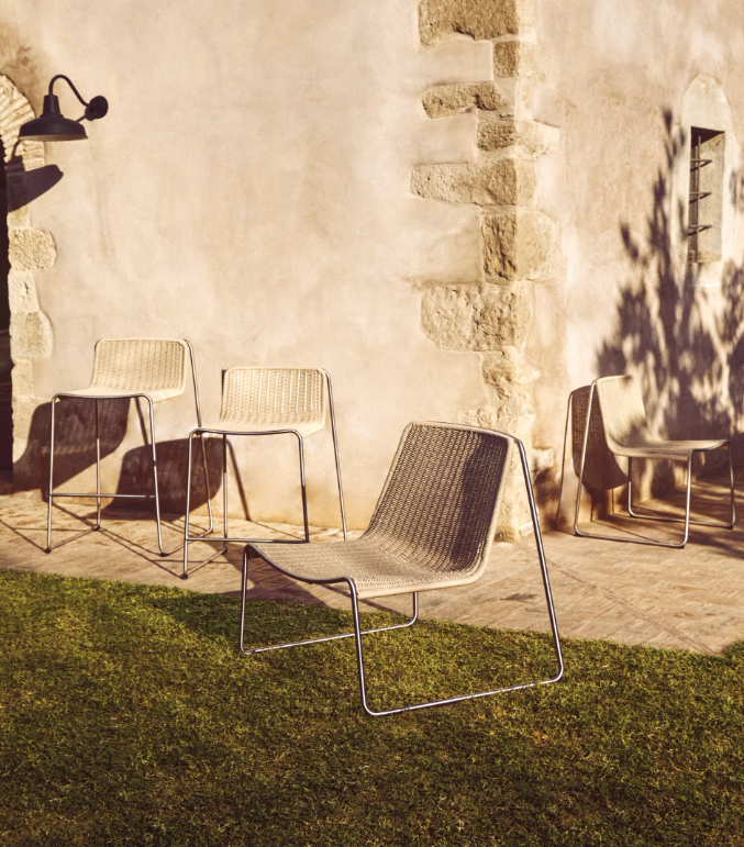 TAVARI Stackable armchair in beige synthetic rope cord and brushed-effect stainless steel