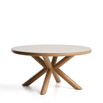 MIRTIA outdoor table in wood-effect aluminium and ecru sintered stone Ø 148cm