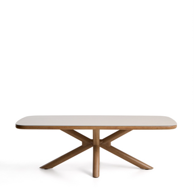Mirtia outdoor table in wood-effect aluminium and ecru sintered stone 240 x 110cm