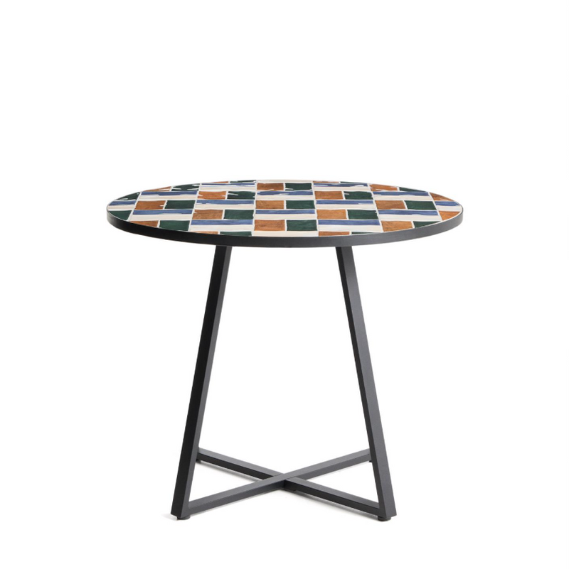 TELLA round table in graphite galvanised steel with multicoloured tiles Ø90 cm