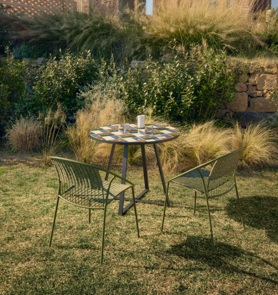 TELLA round table in graphite galvanised steel with multicoloured tiles Ø90 cm