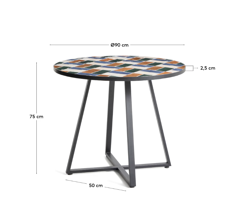 TELLA round table in graphite galvanised steel with multicoloured tiles Ø90 cm