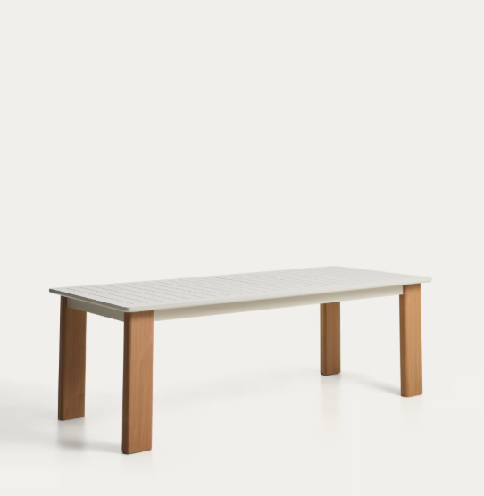 LIVORNO extendable table in ecru aluminium with wood-effect legs 233(350) x 100cm