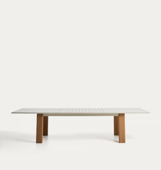 LIVORNO extendable table in ecru aluminium with wood-effect legs 233(350) x 100cm